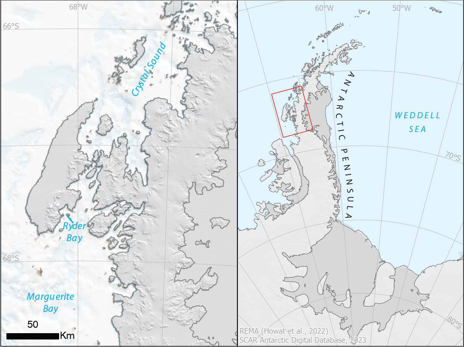 Map showing names across Marguerite Bay