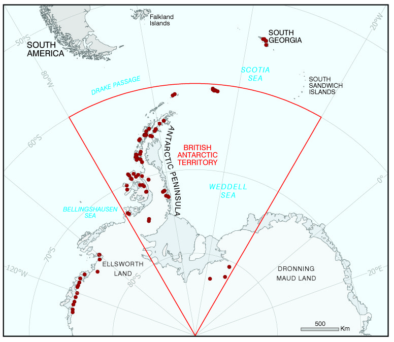 Map showing place names accepted in the BAT and SGSSI gazetteers